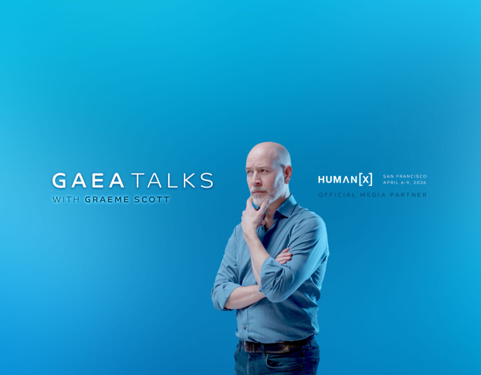 A picture of the GAEA Talks Host, Graeme Scott and the GAEA Talks Logo and HumanX logo